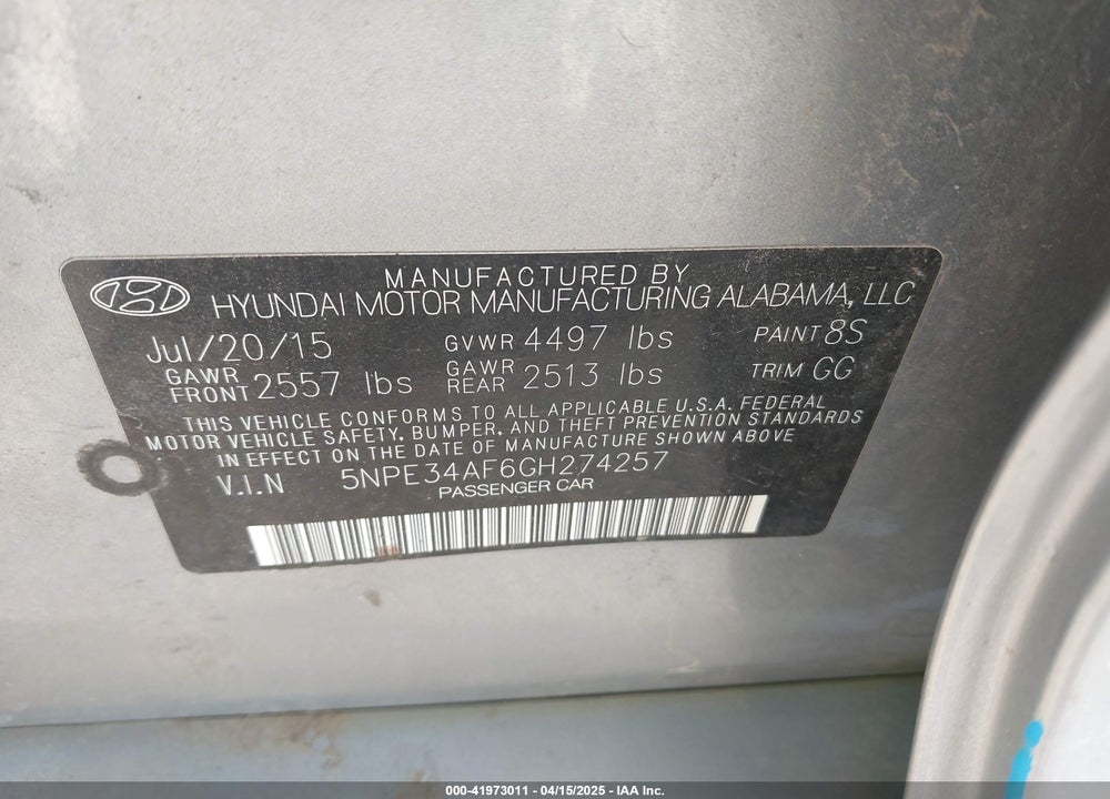 2016 HYUNDAI SONATA LIMITED VIN: 5NPE34AF6GH274257