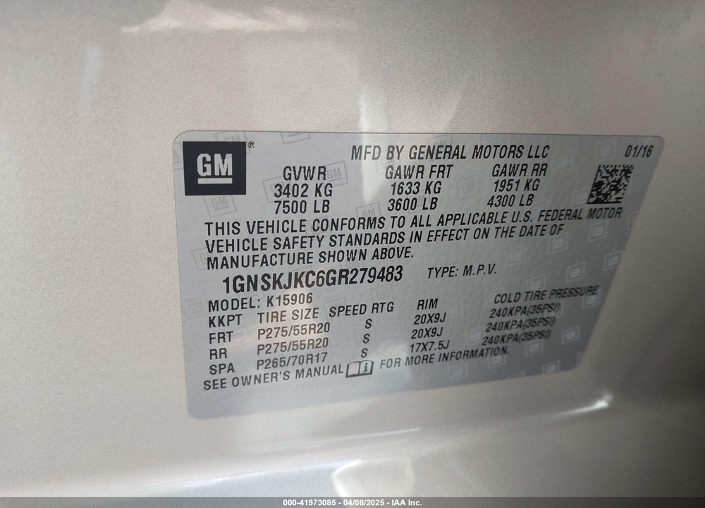 2016 CHEVROLET SUBURBAN LTZ VIN: 1GNSKJKC6GR279483