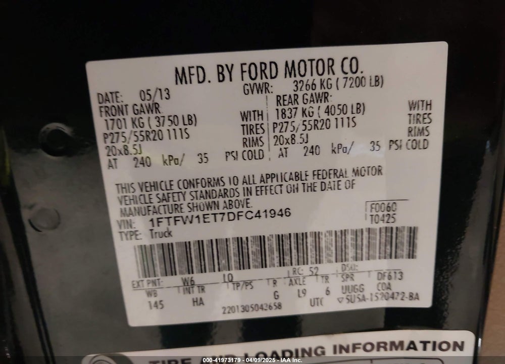 2013 FORD F-150 LARIAT VIN: 1FTFW1ET7DFC41946