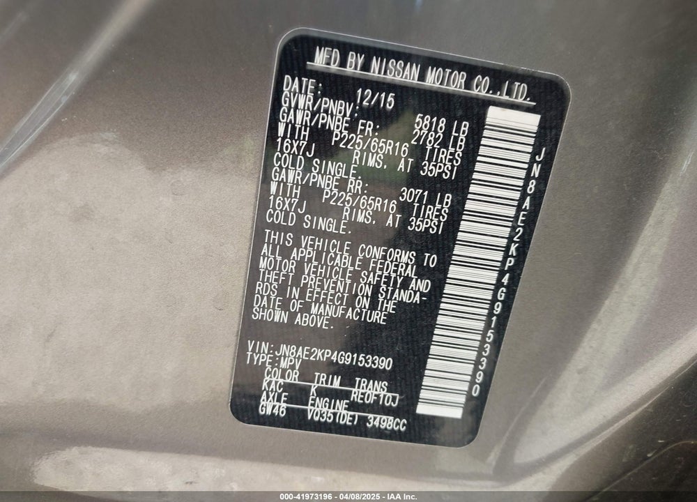 2016 NISSAN QUEST PLATINUM/S/SL/SV VIN: JN8AE2KP4G9153390