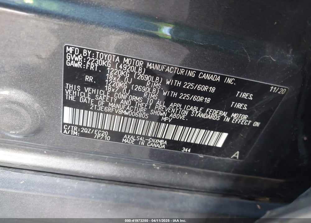 2021 TOYOTA RAV4 HYBRID XSE VIN: 2T3E6RFV8MW006805