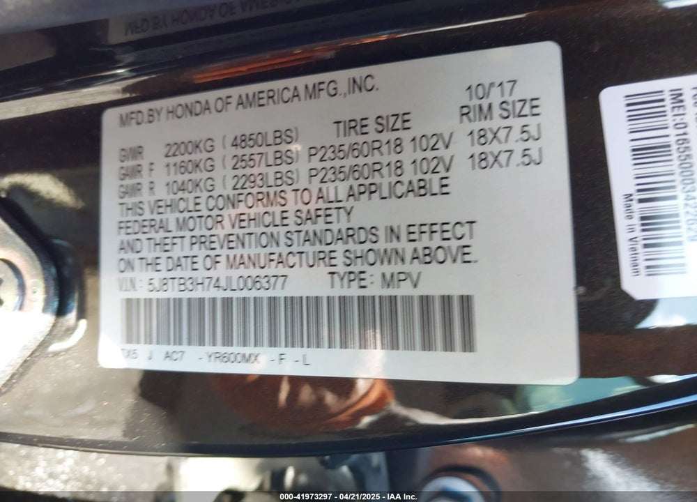 2018 ACURA RDX ADVANCE PACKAGE VIN: 5J8TB3H74JL006377