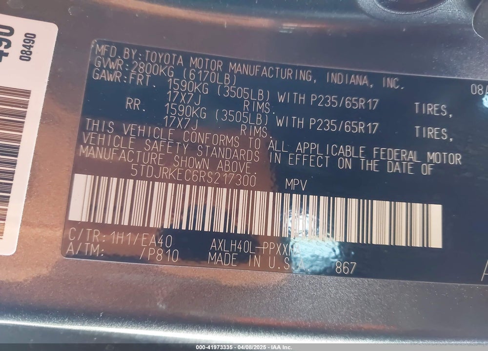 2024 TOYOTA SIENNA XLE VIN: 5TDJRKEC6RS217300