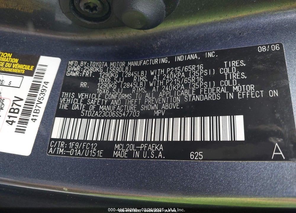 2006 TOYOTA SIENNA VIN: 5TDZA23C06S547703