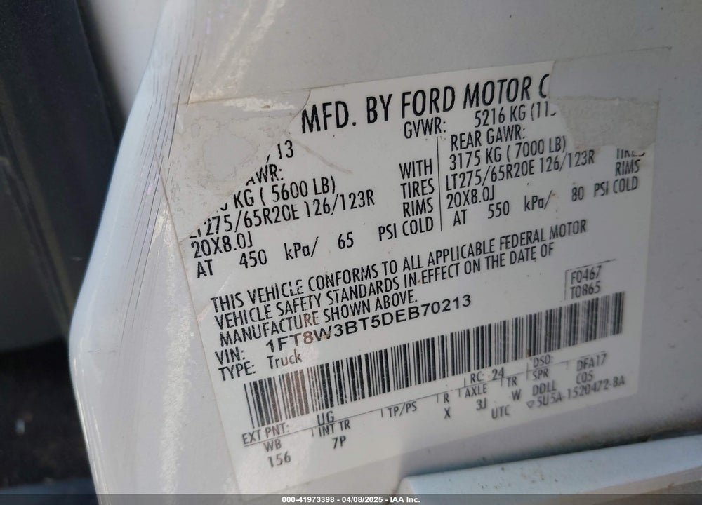 2013 FORD F-350 LARIAT VIN: 1FT8W3BT5DEB70213