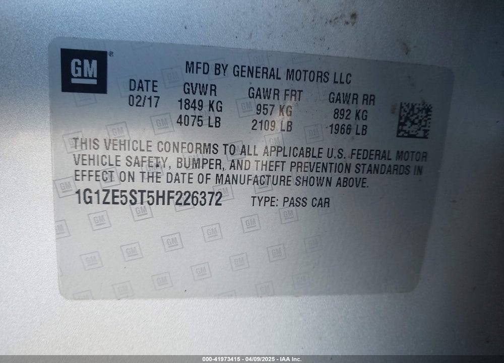 2017 CHEVROLET MALIBU 1LT VIN: 1G1ZE5ST5HF226372