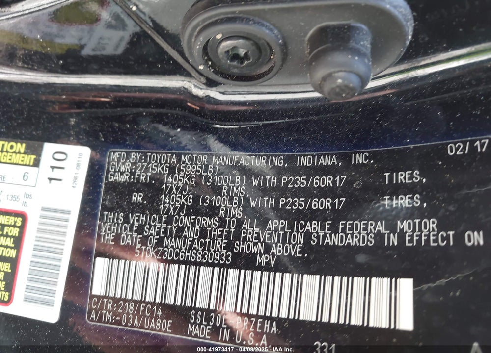 2017 TOYOTA SIENNA LE 8 PASSENGER VIN: 5TDKZ3DC6HS830933