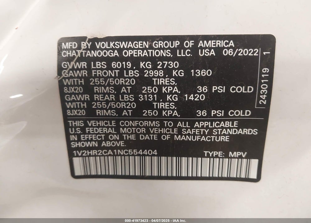 2022 VOLKSWAGEN ATLAS VIN: 1V2HR2CA1NC554404