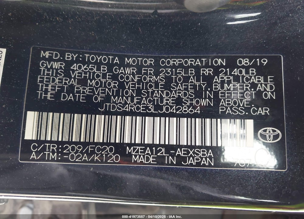 2020 TOYOTA COROLLA SE VIN: JTDS4RCE3LJ042864