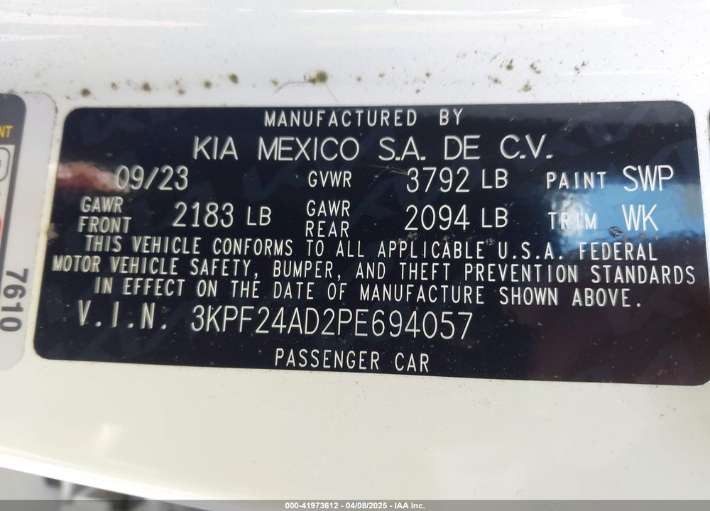 2023 KIA FORTE VIN: 3KPF24AD2PE694057