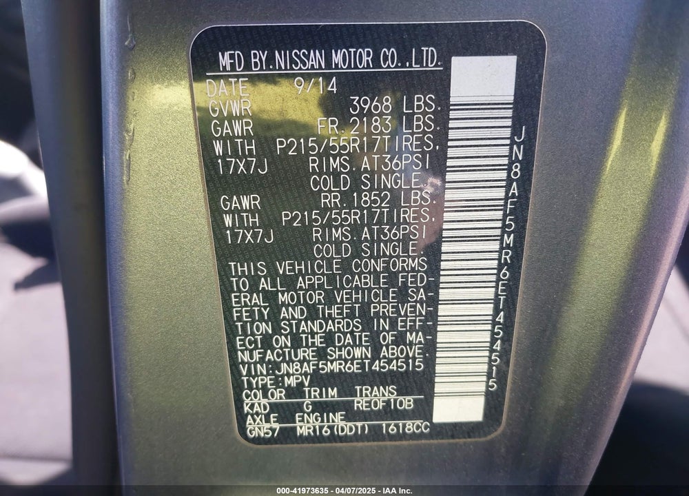 2014 NISSAN JUKE S VIN: JN8AF5MR6ET454515