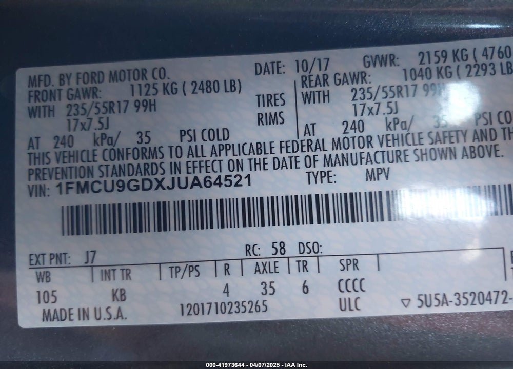 2018 FORD ESCAPE SE VIN: 1FMCU9GDXJUA64521