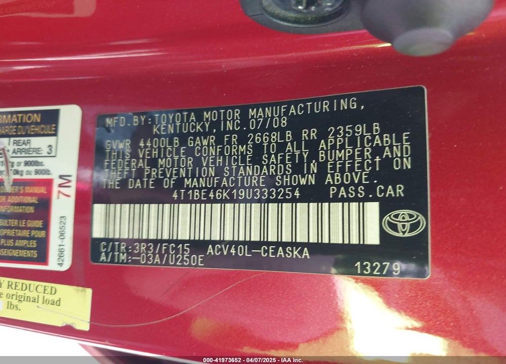 2009 TOYOTA CAMRY SE VIN: 4T1BE46K19U333254