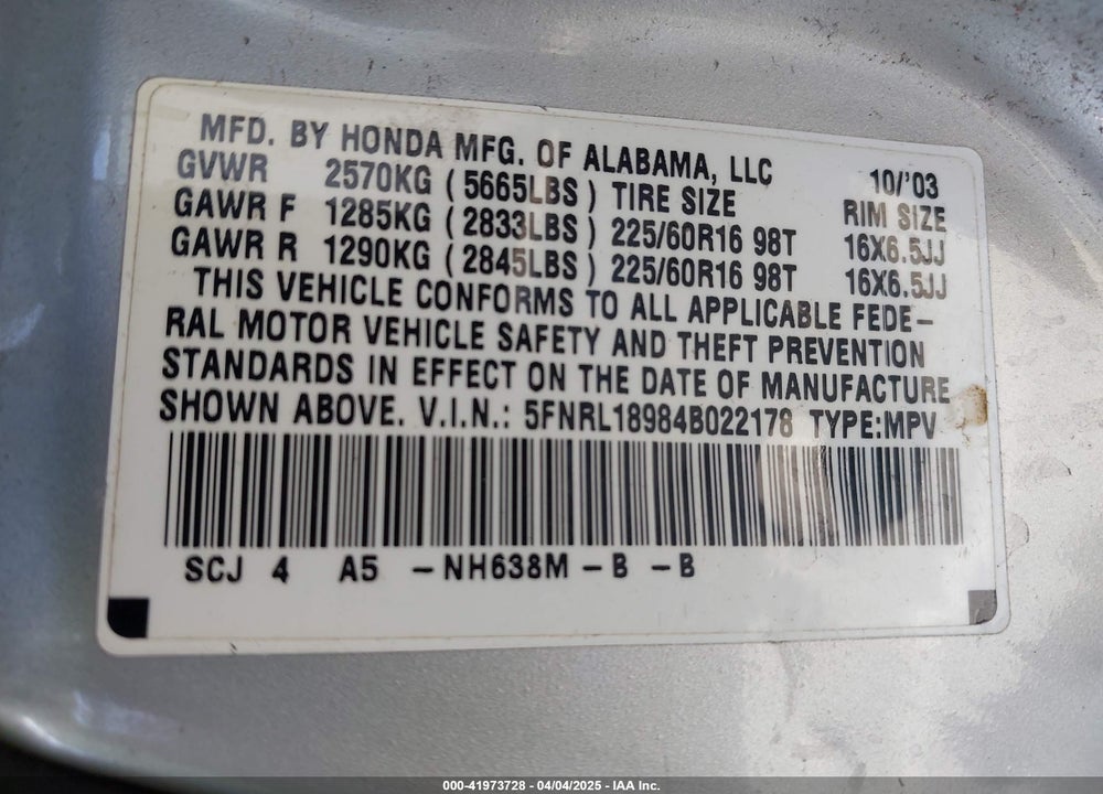 2004 HONDA ODYSSEY EX-L VIN: 5FNRL18984B022178