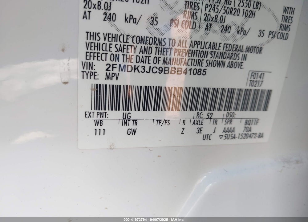 2011 FORD EDGE VIN: 2FMDK3JC9BBB41085