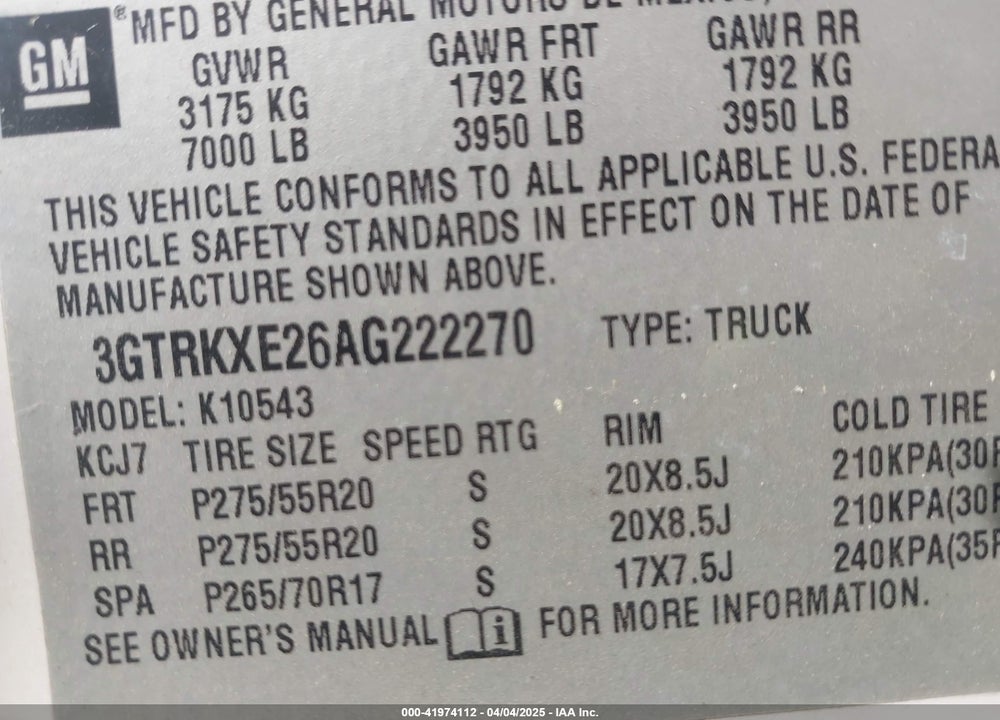 2010 GMC SIERRA 1500 DENALI VIN: 3GTRKXE26AG222270