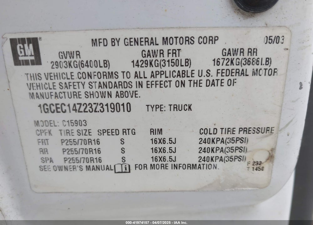 2003 CHEVROLET SILVERADO 1500 WORK TRUCK VIN: 1GCEC14Z23Z319010