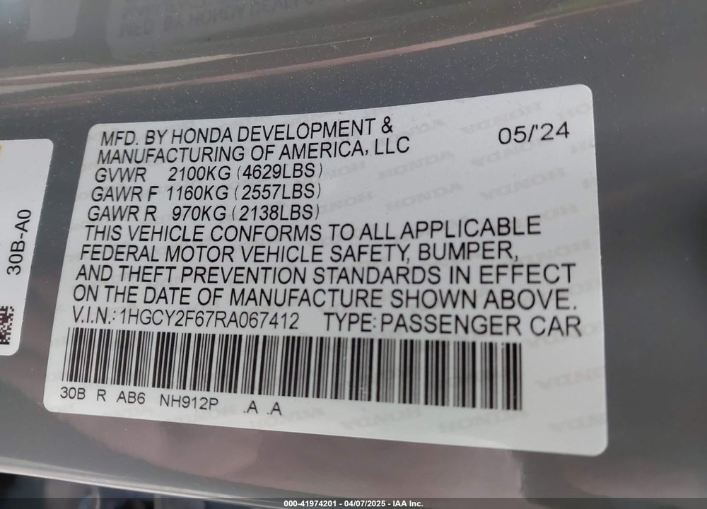 2024 HONDA ACCORD VIN: 1HGCY2F67RA067412