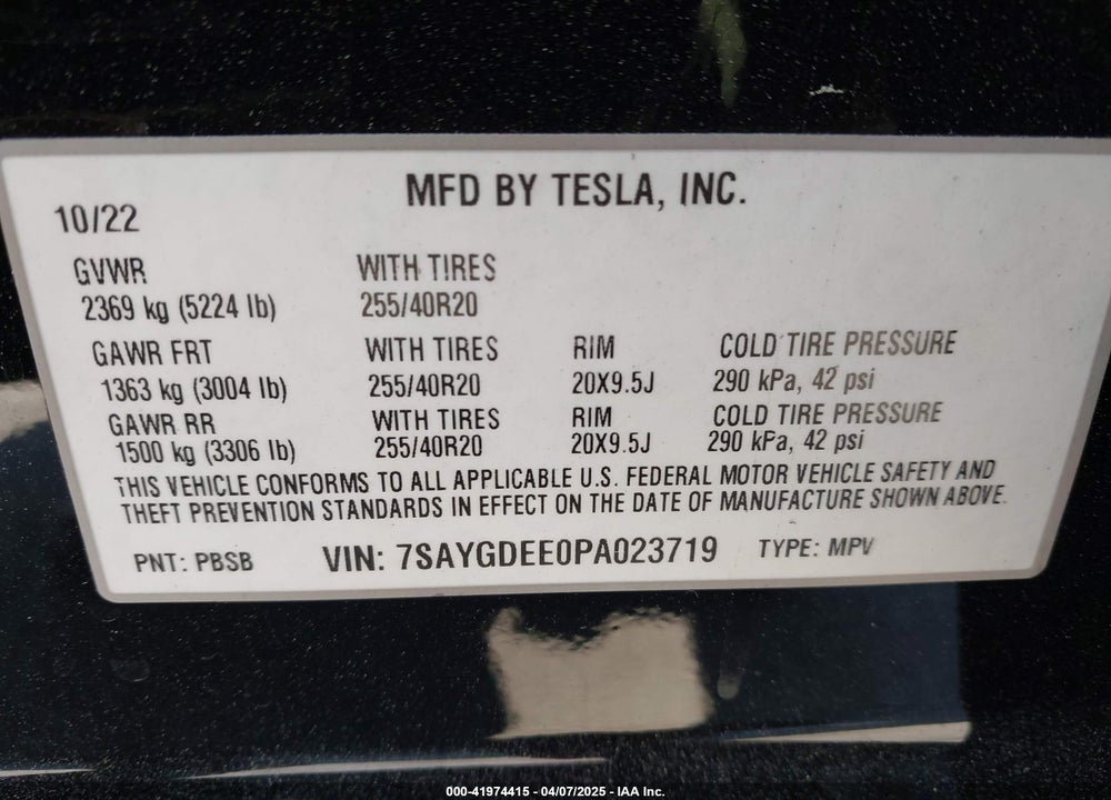 2023 TESLA MODEL Y AWD/LONG RANGE DUAL MOTOR ALL-WHEEL DRIVE VIN: 7SAYGDEE0PA023719