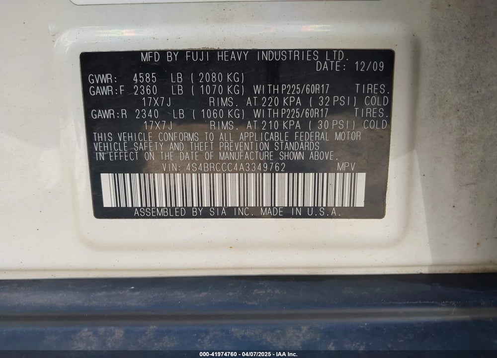 2010 SUBARU OUTBACK VIN: 4S4BRCCC4A3349762