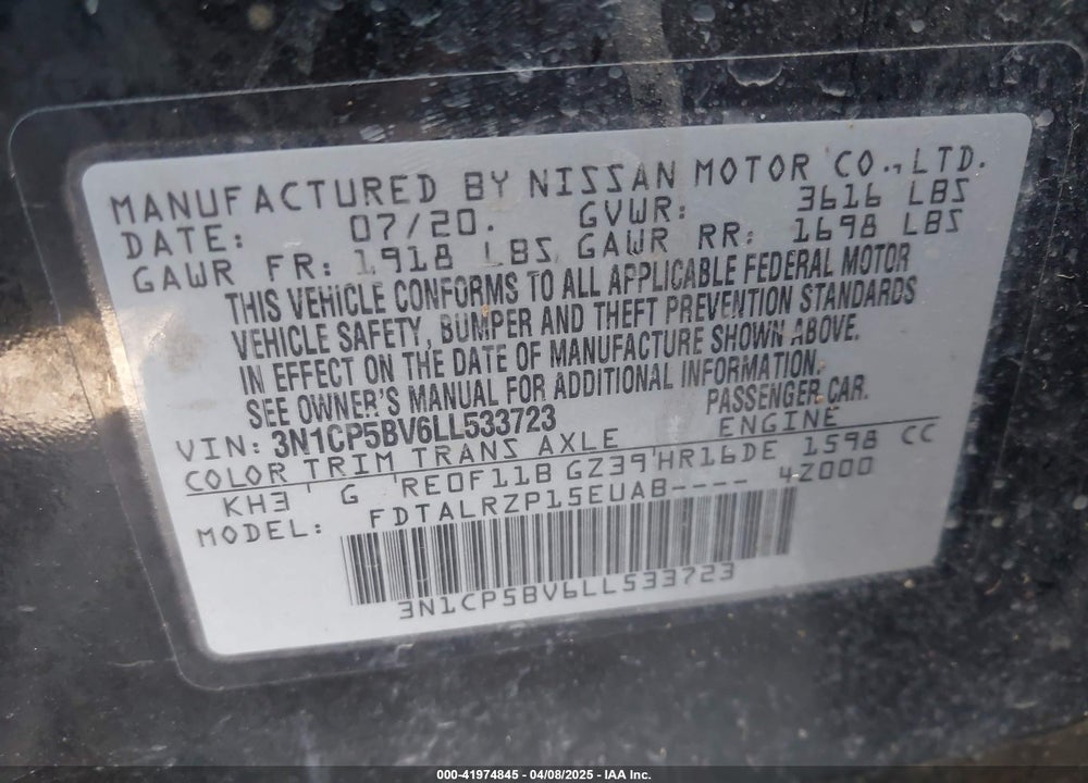 2020 NISSAN KICKS VIN: 3N1CP5BV6LL533723