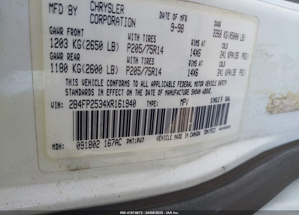 1999 DODGE CARAVAN VIN: 2B4FP2534XR161940