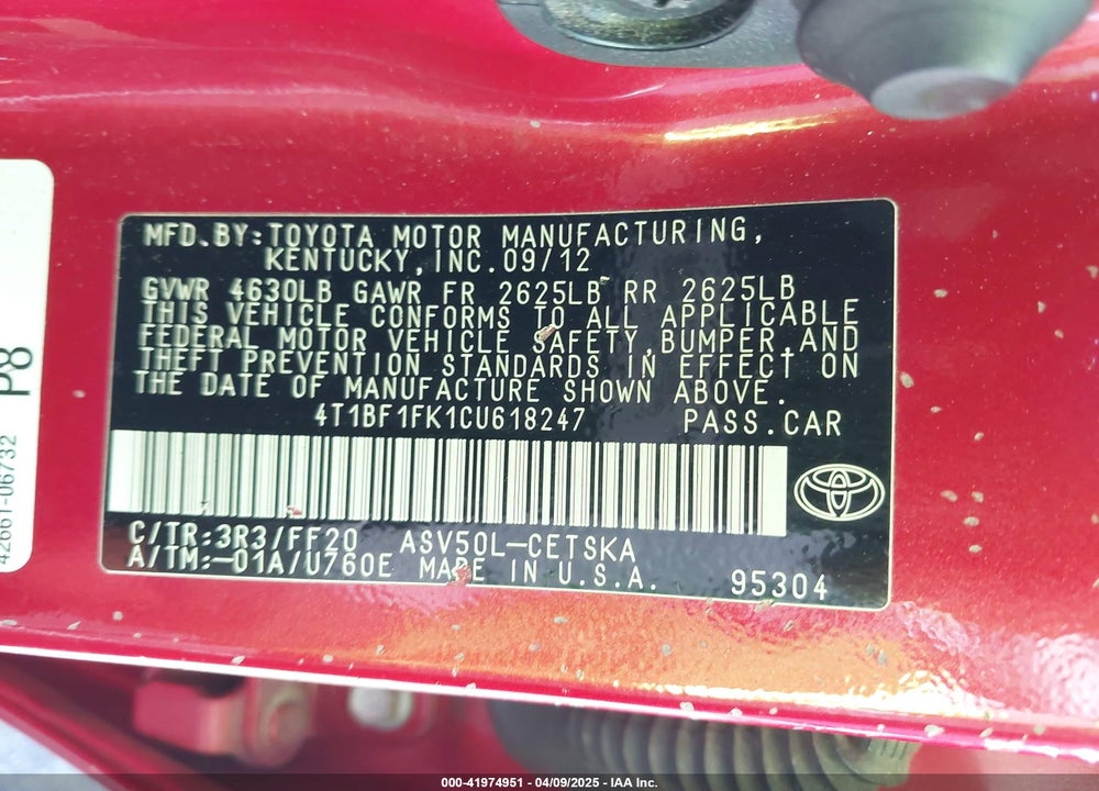 2012 TOYOTA CAMRY SE LIMITED EDITION VIN: 4T1BF1FK1CU618247