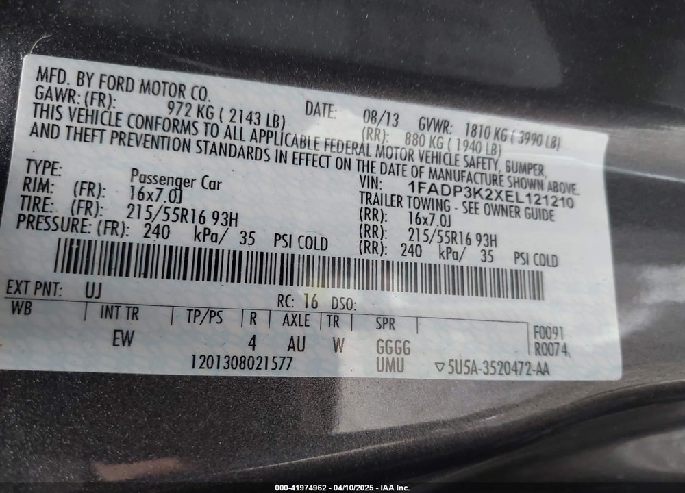 2014 FORD FOCUS SE VIN: 1FADP3K2XEL121210