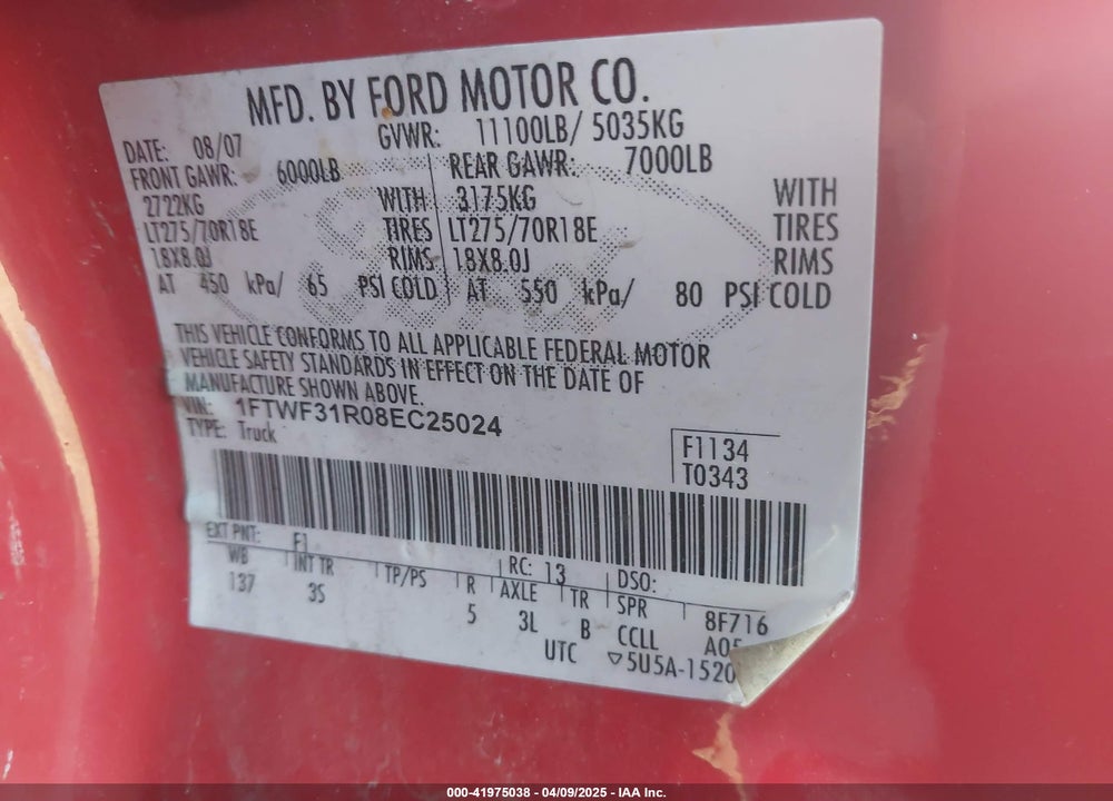 2008 FORD F-350 XL/XLT VIN: 1FTWF31R08EC25024