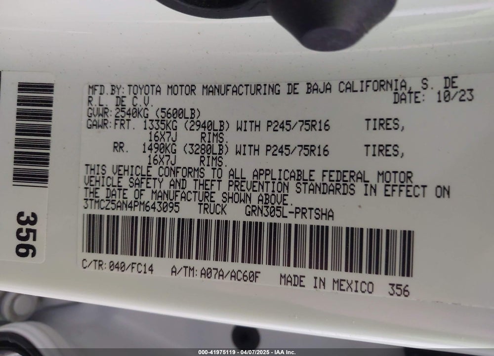 2023 TOYOTA TACOMA VIN: 3TMCZ5AN4PM643095
