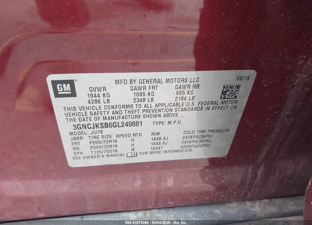 2016 CHEVROLET TRAX VIN: 3GNCJKSB6GL249881