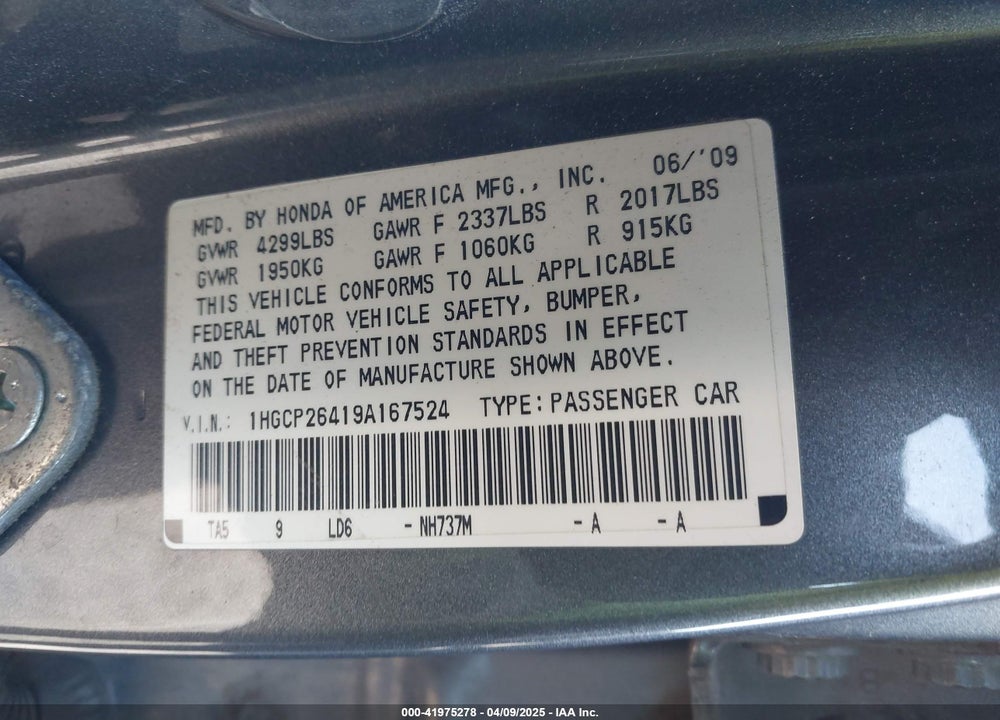 2009 HONDA ACCORD VIN: 1HGCP26419A167524