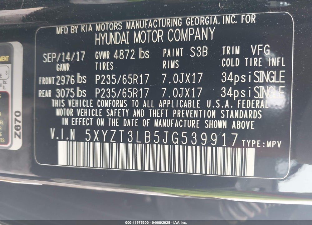 2018 HYUNDAI SANTA FE SPORT 2.4L VIN: 5XYZT3LB5JG539917