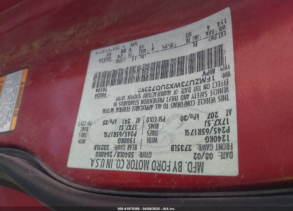 2002 FORD EXPLORER XLT VIN: 1FMZU73WX2UD72392