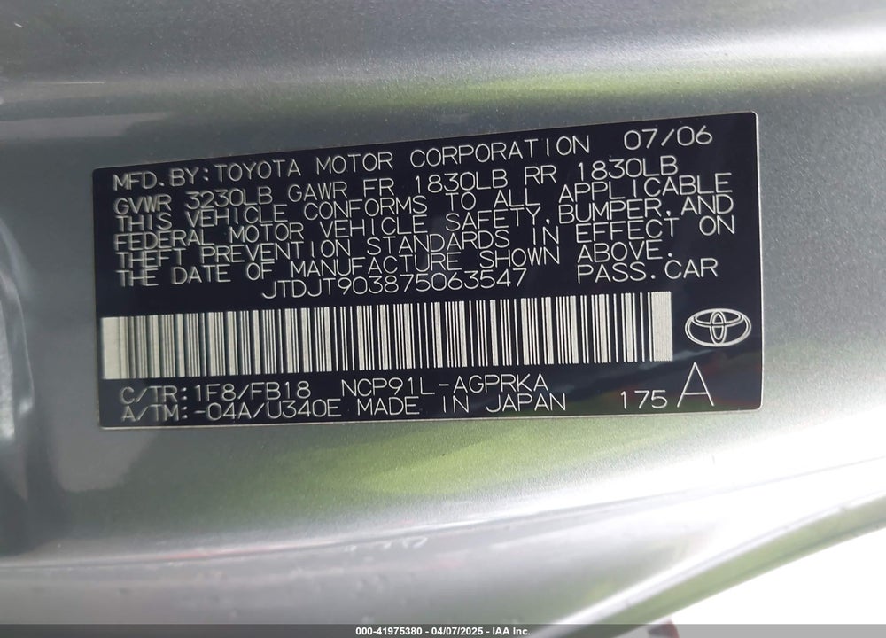 2007 TOYOTA YARIS VIN: JTDJT903875063547
