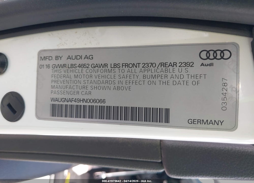 2017 AUDI A4 VIN: WAUGNAF49HN006066