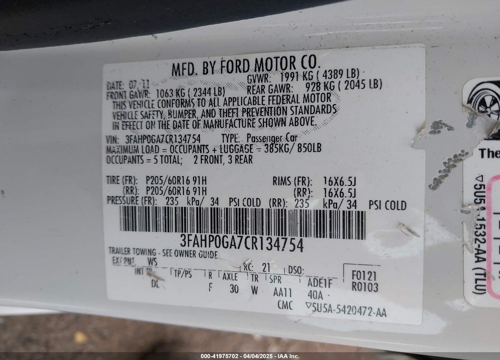 2012 FORD FUSION VIN: 3FAHP0GA7CR134754
