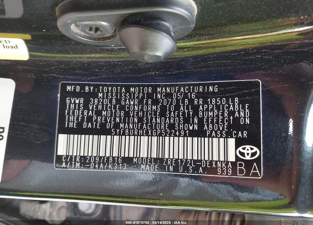 2016 TOYOTA COROLLA VIN: 5YFBURHEXGP522491