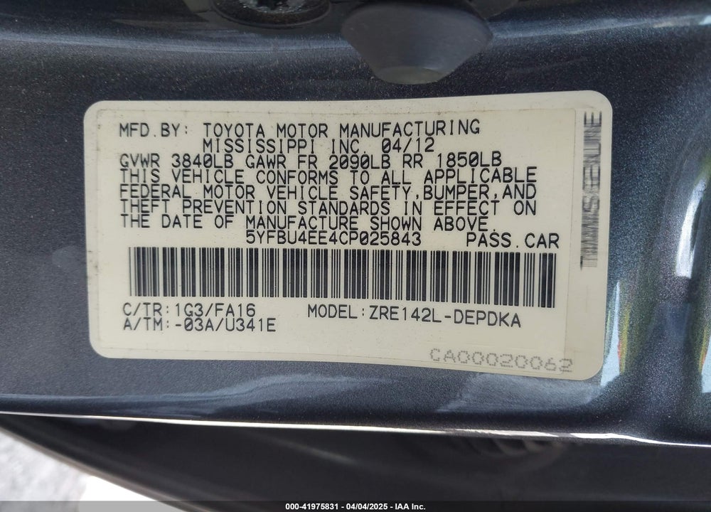 2012 TOYOTA COROLLA VIN: 5YFBU4EE4CP025843