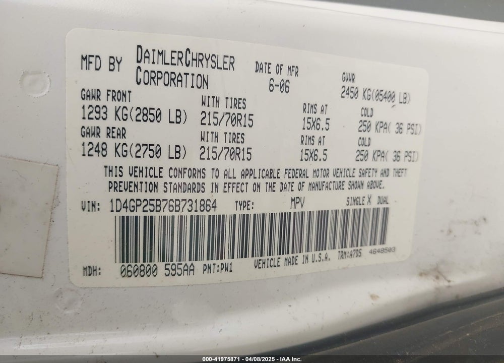 2006 DODGE CARAVAN SE VIN: 1D4GP25B76B731864