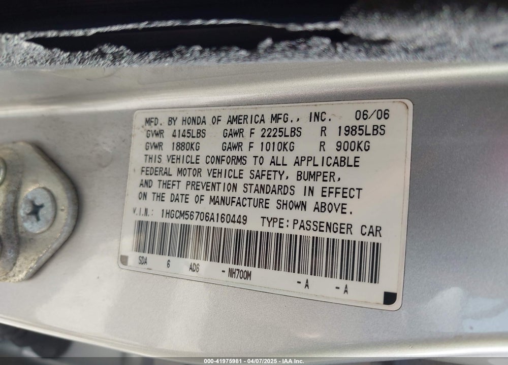 2006 HONDA ACCORD VIN: 1HGCM56706A160449
