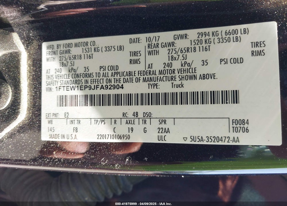 2018 FORD F-150 VIN: 1FTEW1EP9JFA92904