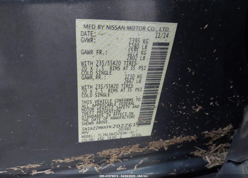 2015 NISSAN MURANO VIN: 5N1AZ2MHXFN202261