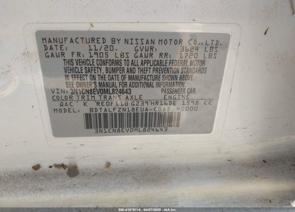 2021 NISSAN VERSA VIN: 3N1CN8EV0ML824643