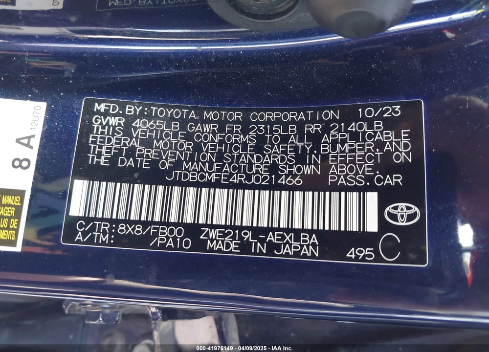 2024 TOYOTA COROLLA HYBRID LE VIN: JTDBCMFE4RJ021466