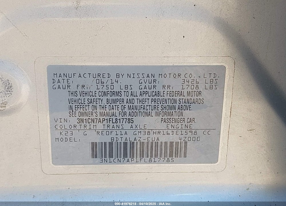 2015 NISSAN VERSA 1.6 S+ VIN: 3N1CN7AP1FL817785