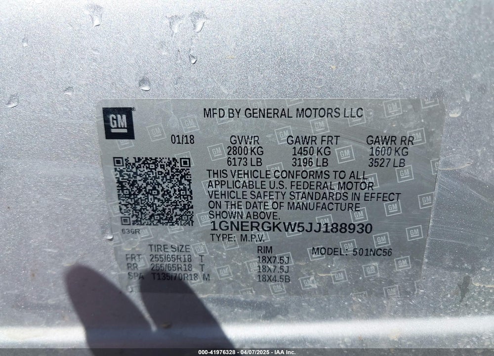 2018 CHEVROLET TRAVERSE 1LT VIN: 1GNERGKW5JJ188930
