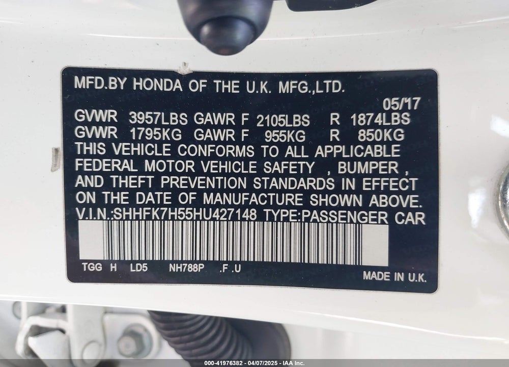 2017 HONDA CIVIC EX VIN: SHHFK7H55HU427148