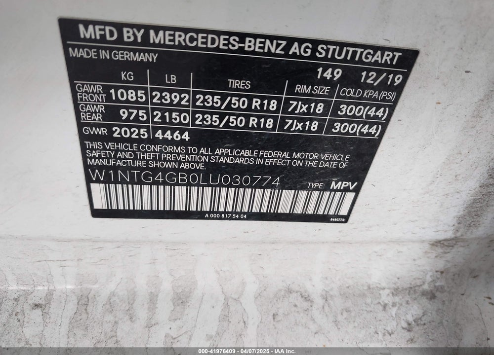2020 MERCEDES-BENZ GLA 250 4MATIC VIN: W1NTG4GB0LU030774