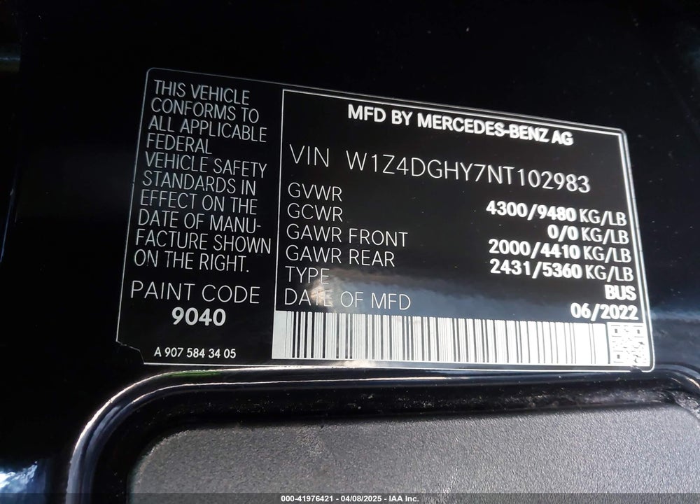 2022 MERCEDES-BENZ SPRINTER 2500 HIGH ROOF I4 DIESEL VIN: W1Z4DGHY7NT102983
